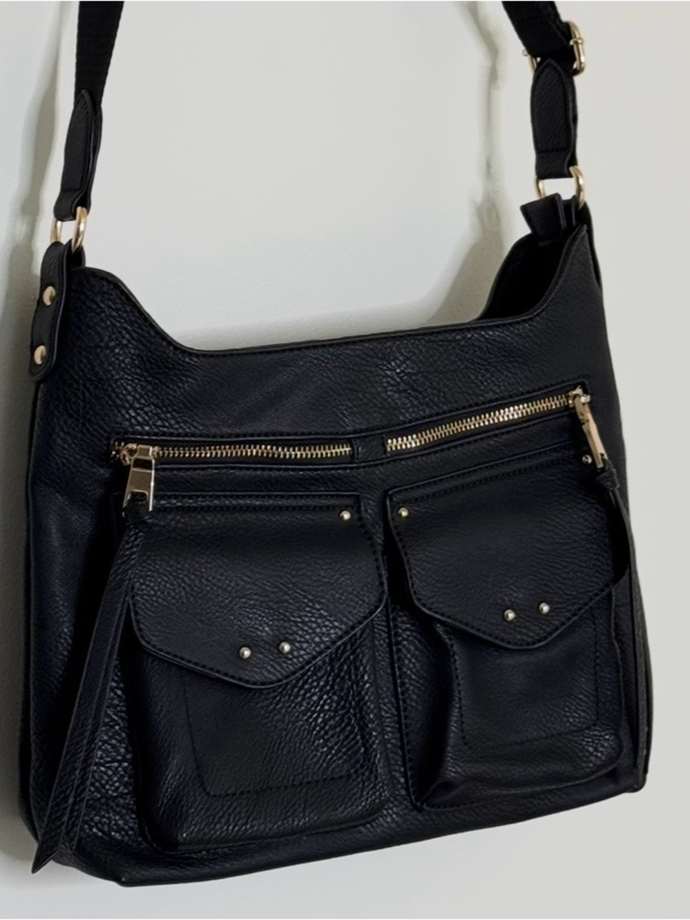 Black Crossbody Bag with Front Flap Pockets